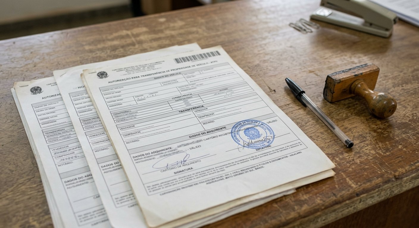 Documentos de transferencia de veiculo sobre mesa com caneta e carimbo