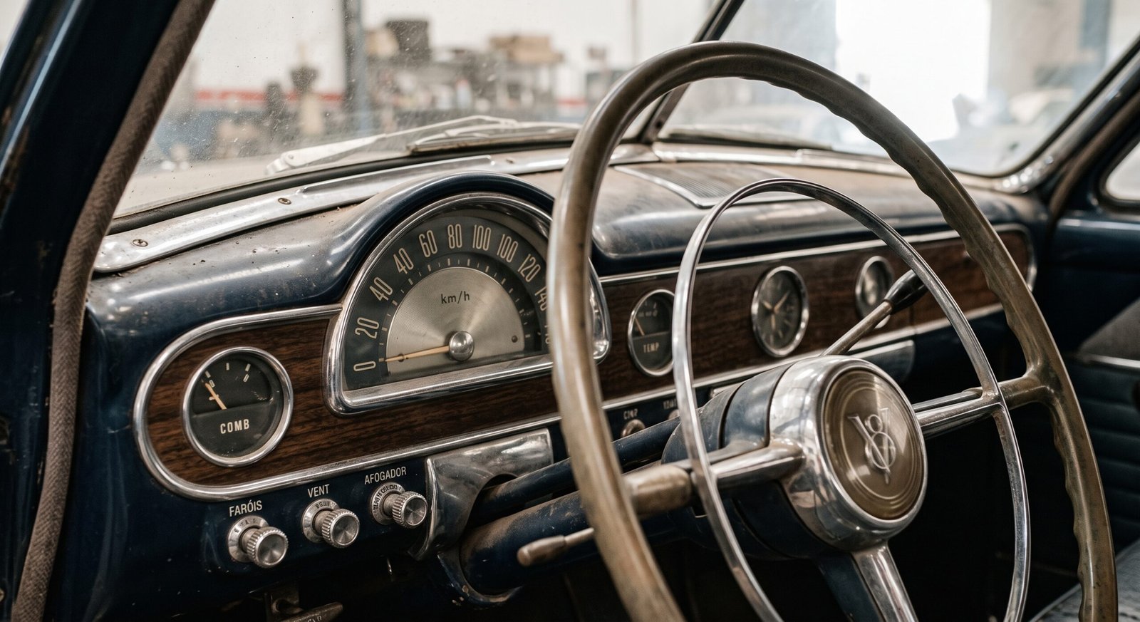 Painel e volante vintage de carro antigo com detalhes cromados