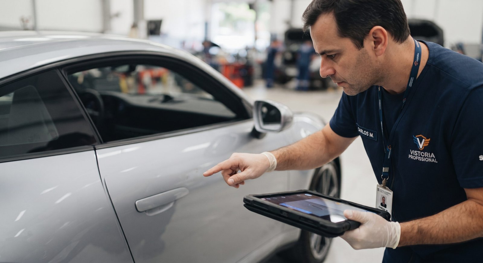 Vistoriador com tablet fotografando lataria de carro importado