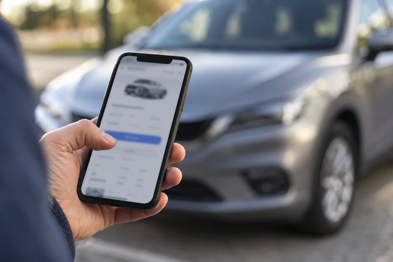 Pessoa consultando historico de veiculo no smartphone ao lado de um carro