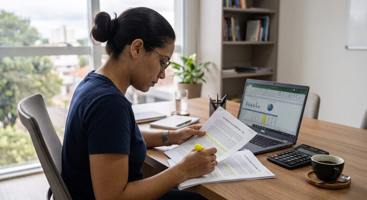Pessoa lendo o edital de leilão de imóvel e marcando trechos com marca-texto ao lado do notebook e da calculadora