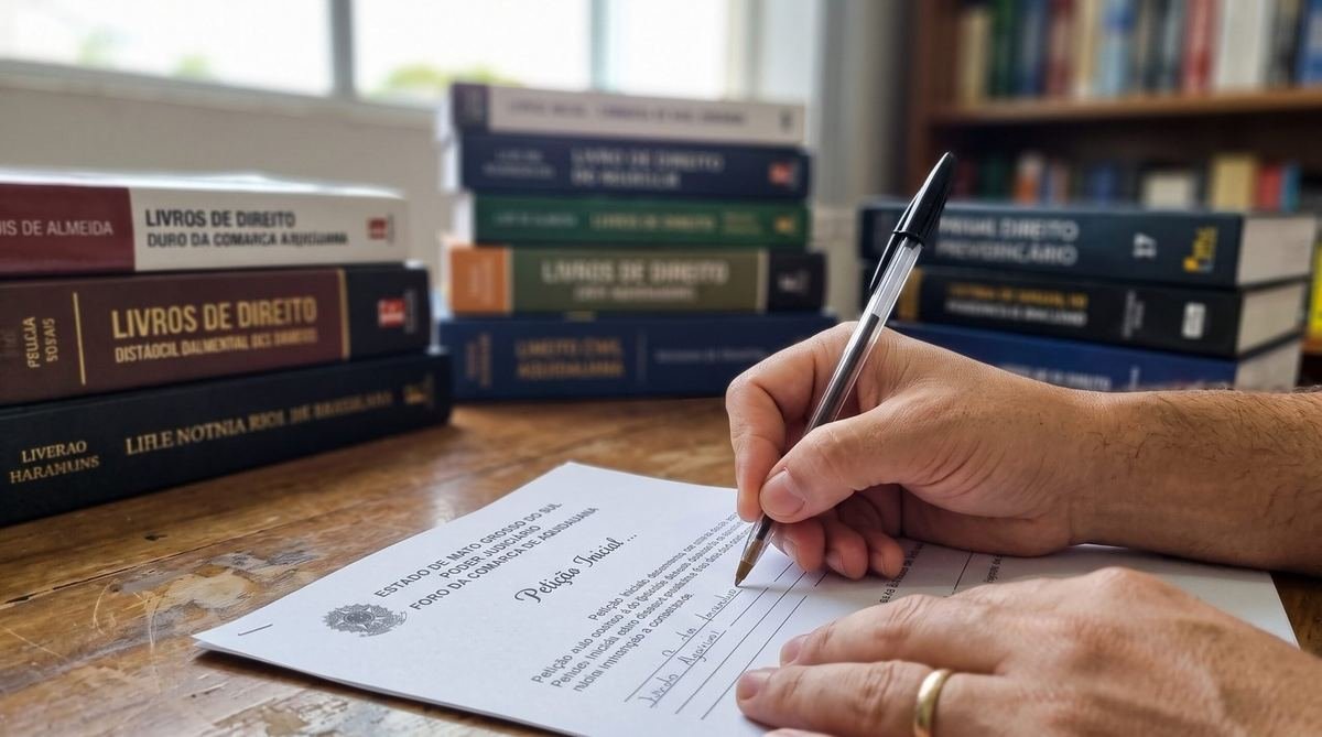 Maos escrevendo em documento juridico com livros de direito ao fundo