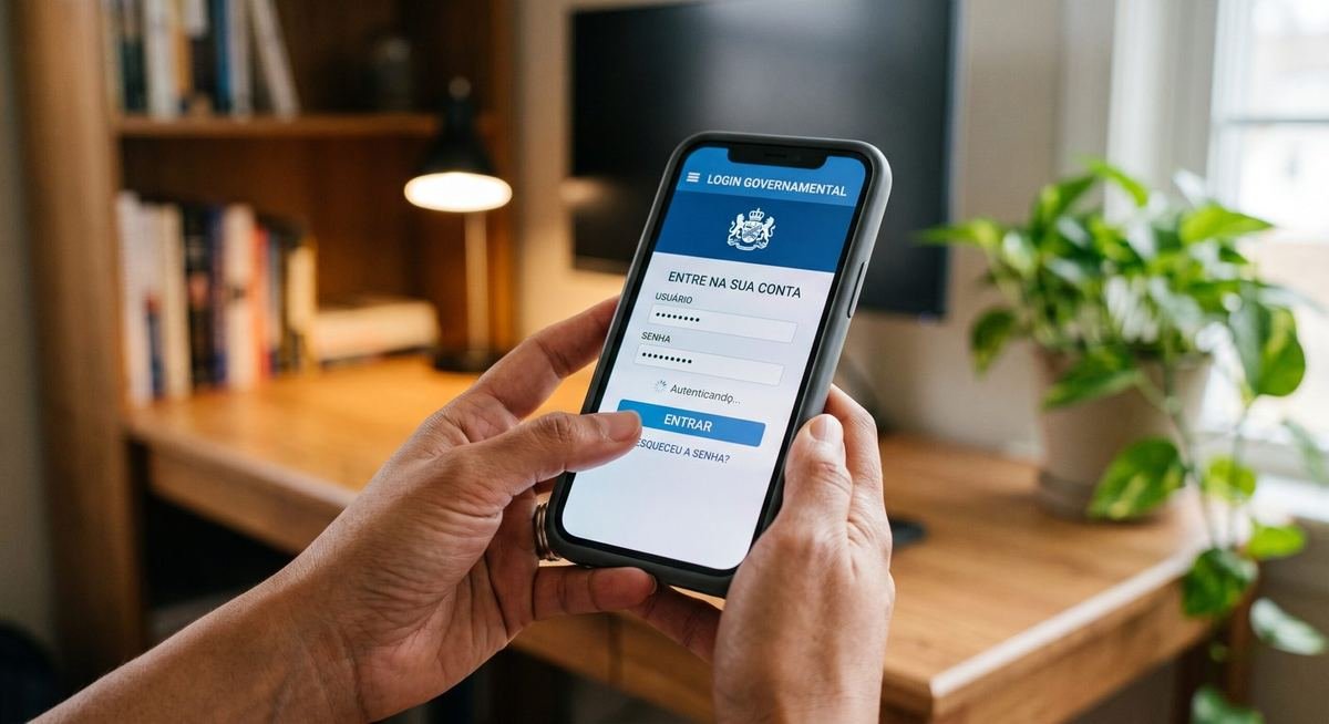 Tela de celular mostrando aplicativo governamental em processo de login
