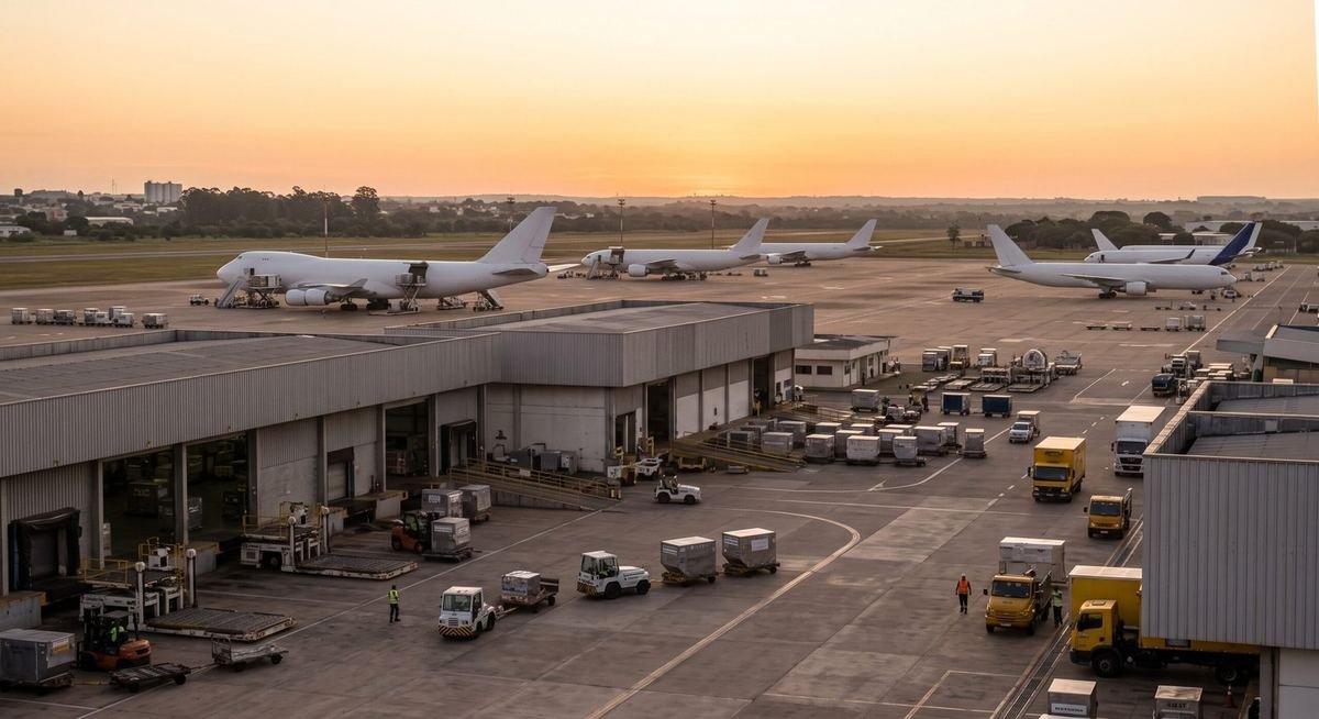 Vista externa de aeroporto com area de carga e avioes cargueiros ao fundo