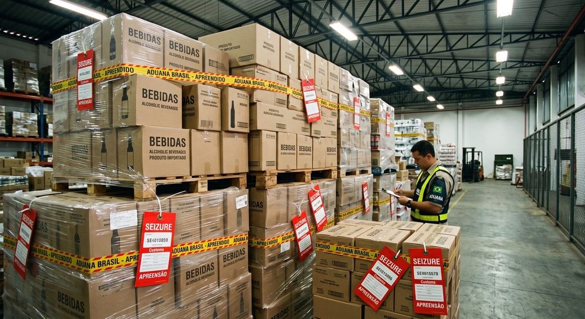 Caixas de bebidas lacradas empilhadas em deposito alfandegario
