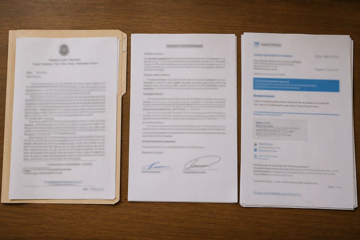 Tres documentos distintos organizados lado a lado sobre uma mesa