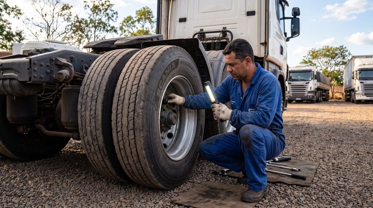 Mecanico inspecionando pneu de caminhao com lanterna em patio ao ar livre