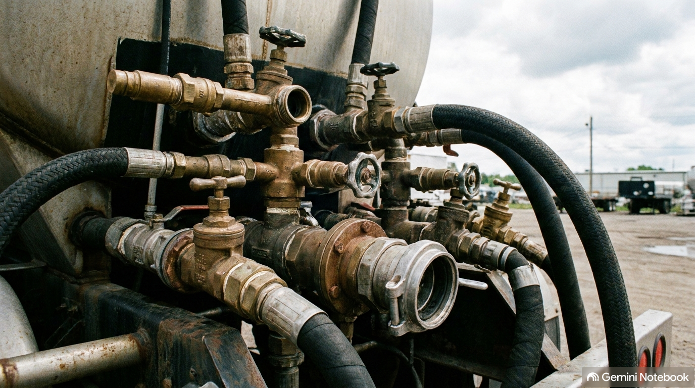 Detalhe de valvulas e conexoes metalicas do tanque