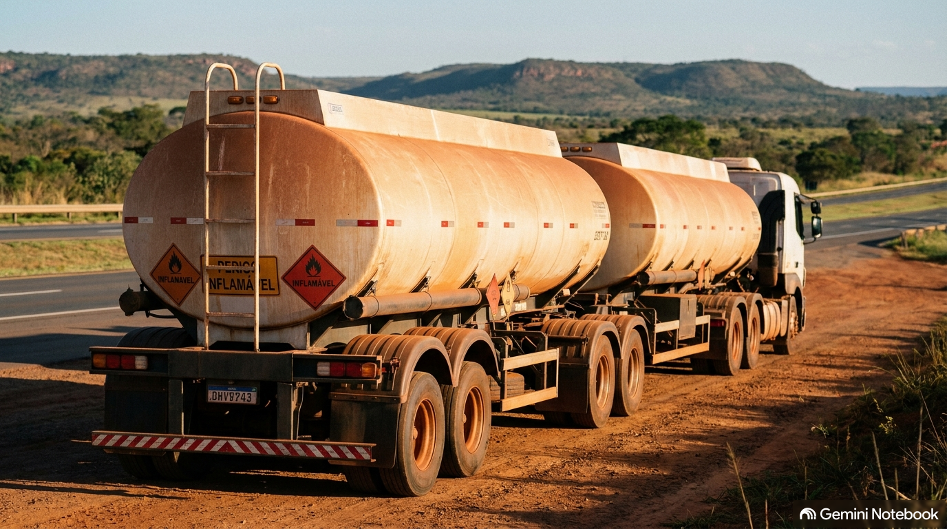 Conjunto bitrem com dois tanques acoplados na estrada