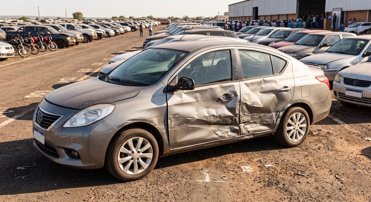 Carro com dano visivel de colisao na lateral estacionado em patio de leilao