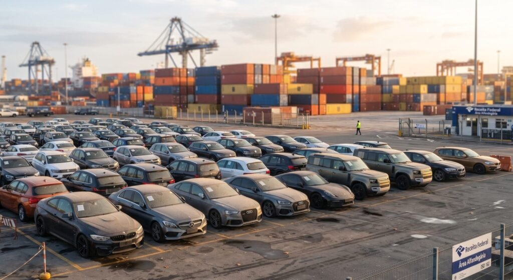 Carros importados apreendidos estacionados em pátio próximo ao porto