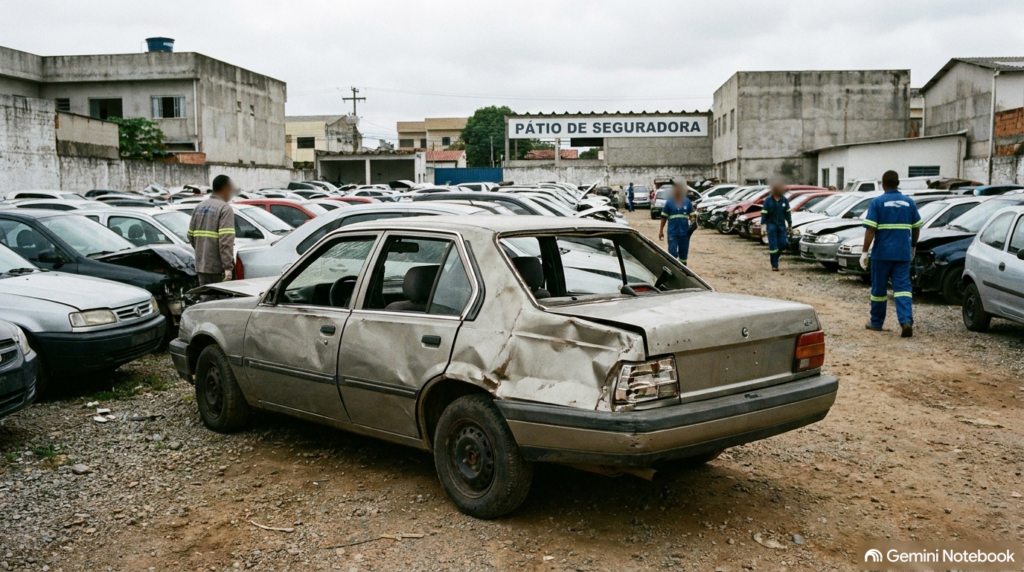 Carro com lataria batida em pátio de leilão