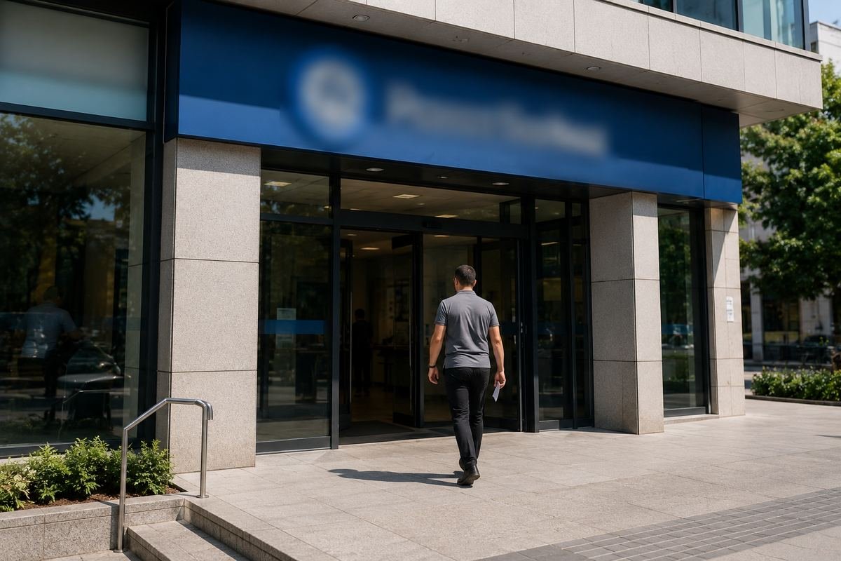 Pessoa entrando em agencia bancaria com letreiro desfocado