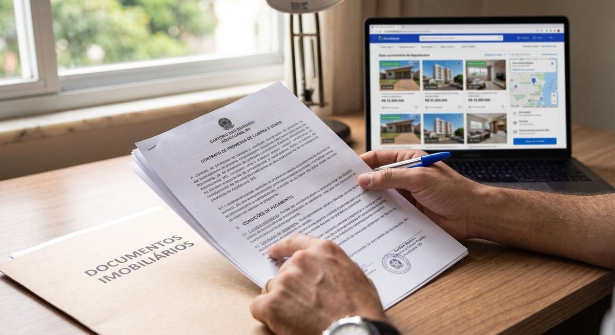 Maos revisando documento imobiliario com notebook mostrando portal de imoveis ao fundo