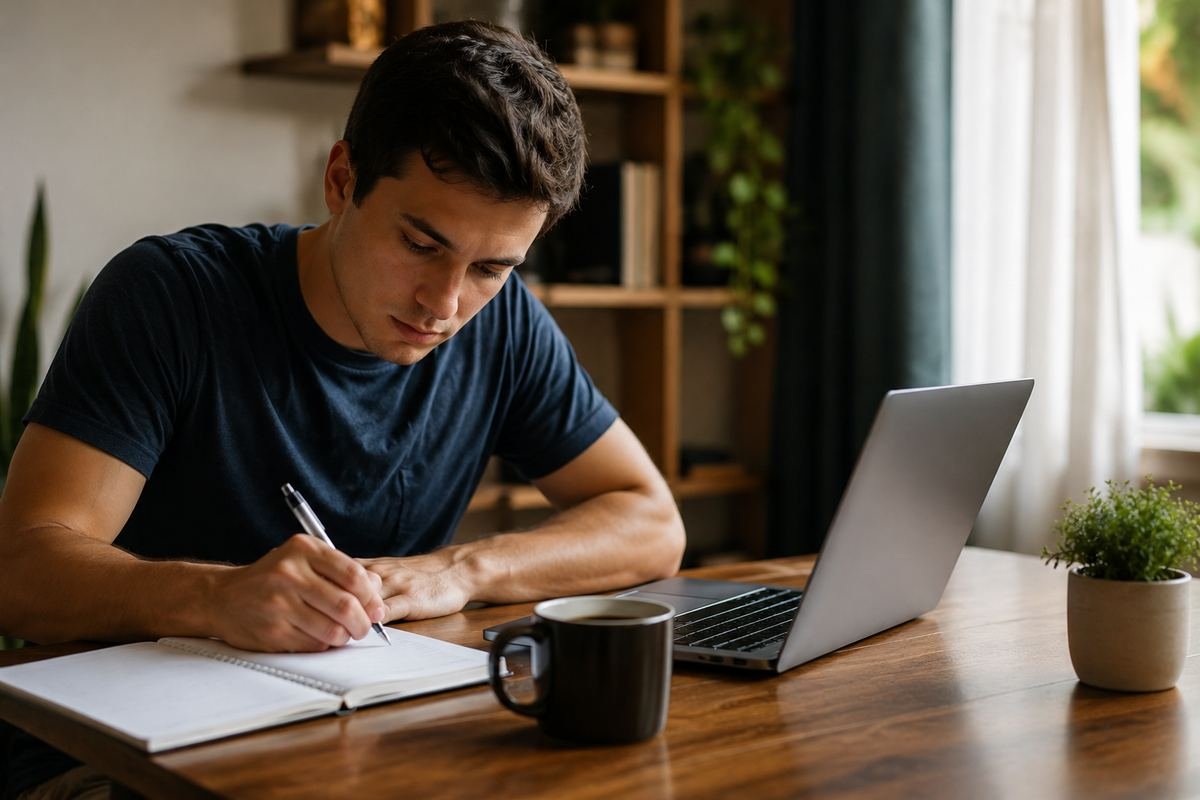 Pessoa jovem estudando em notebook com caderno de anotacoes e xicara de cafe