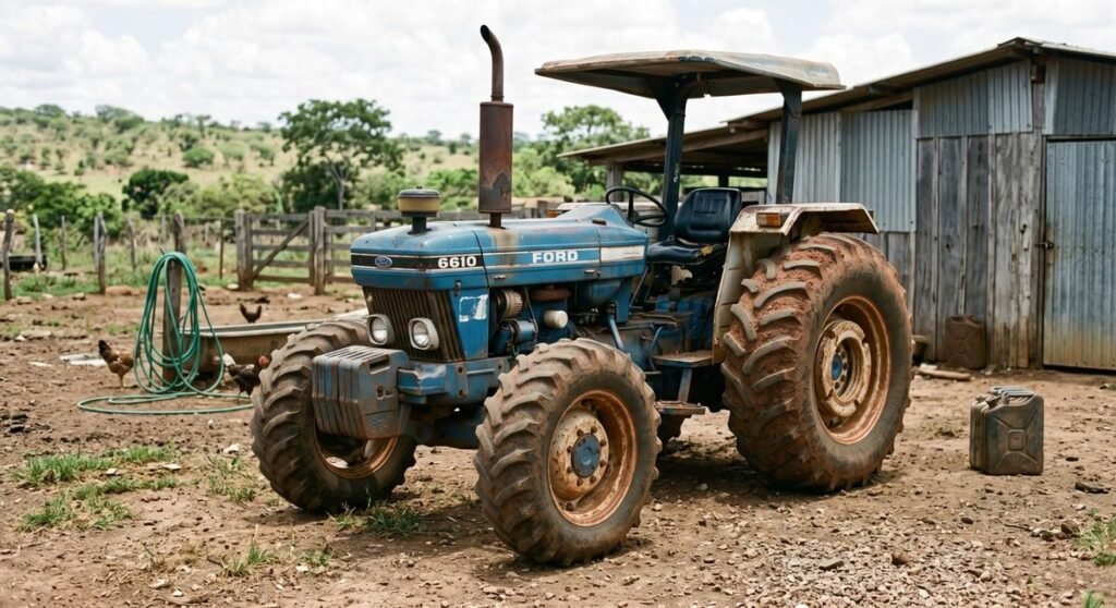 Trator usado estacionado em patio rural