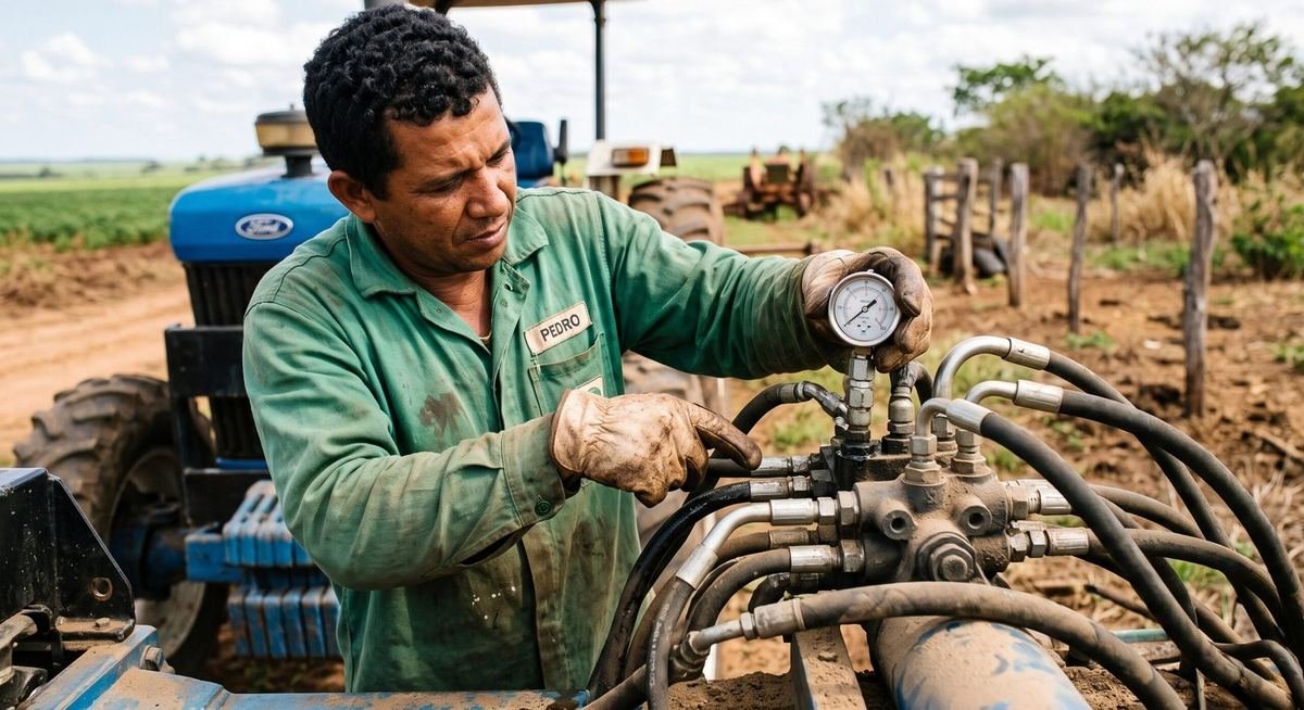 Trabalhador inspecionando sistema hidraulico de trator no campo