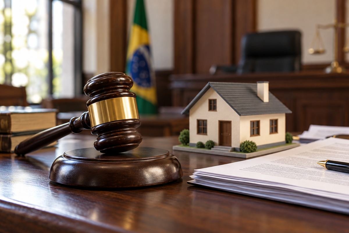 Martelo de juiz e maquete de casa representando o leilão judicial de imóveis
