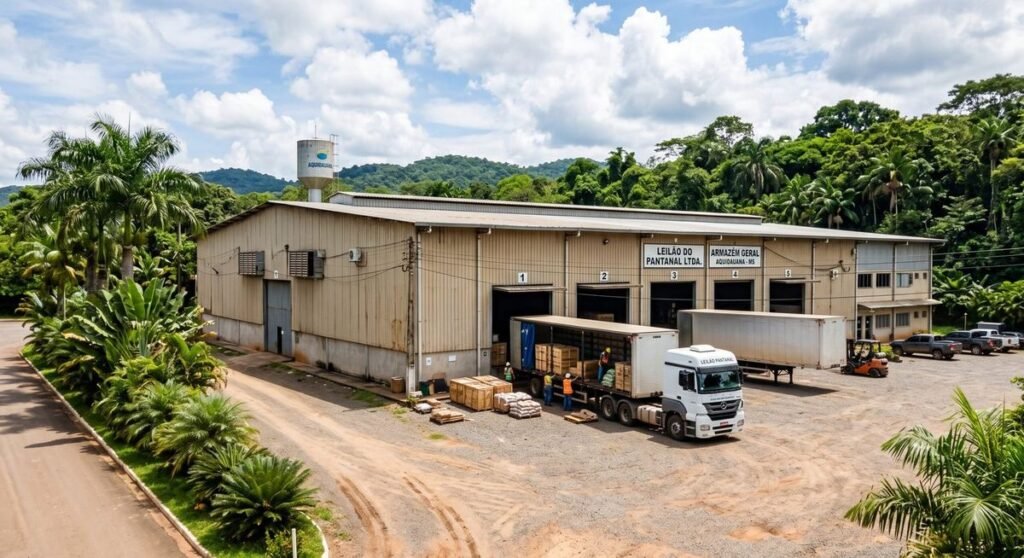 Fachada de galpao industrial em ambiente tropical