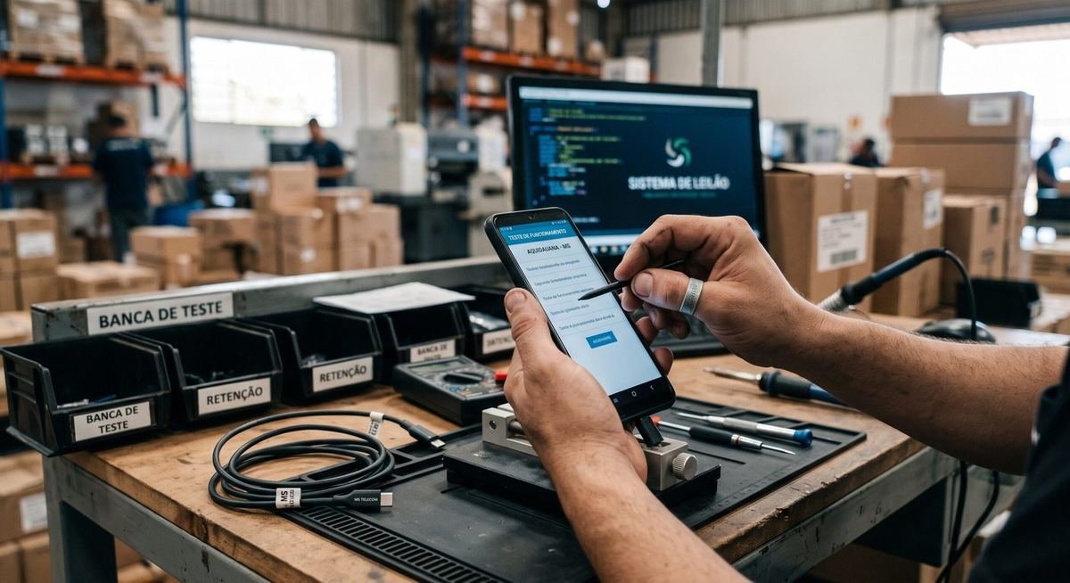 Maos testando smartphone em bancada de trabalho