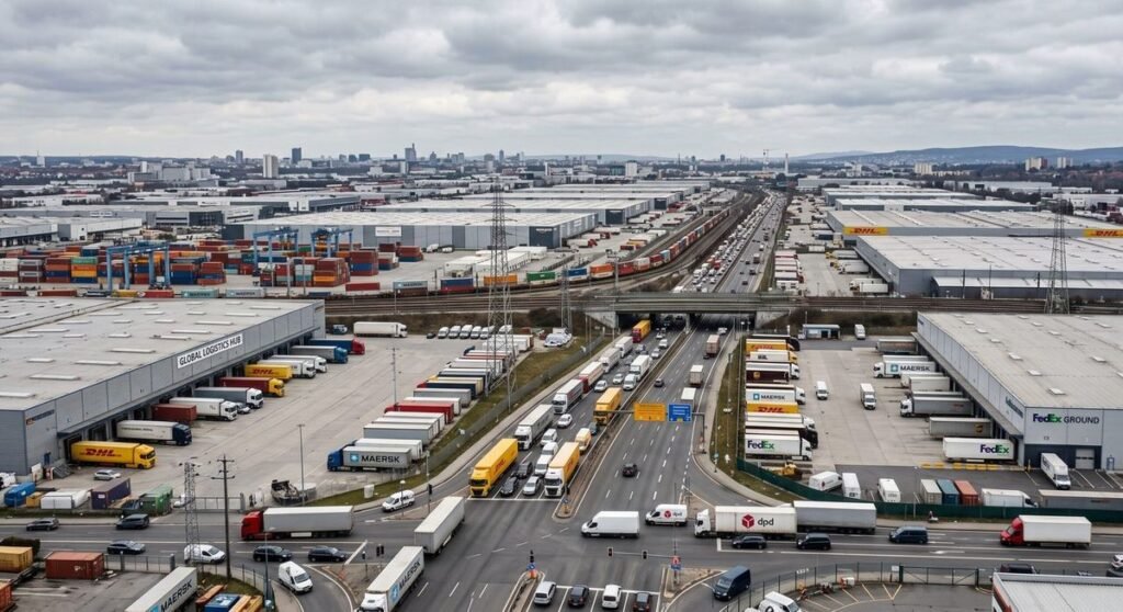 Vista aerea de grande distrito de armazens e logistica urbana