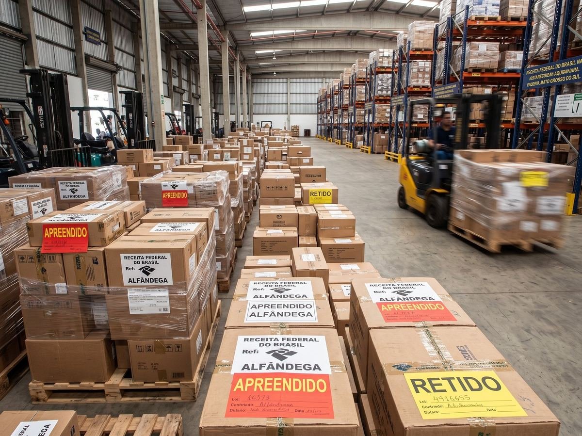 Paletes de caixas diversas em grande deposito alfandegario com empilhadeira ao fundo