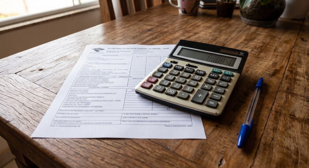Calculadora e DARF impresso sobre mesa de madeira