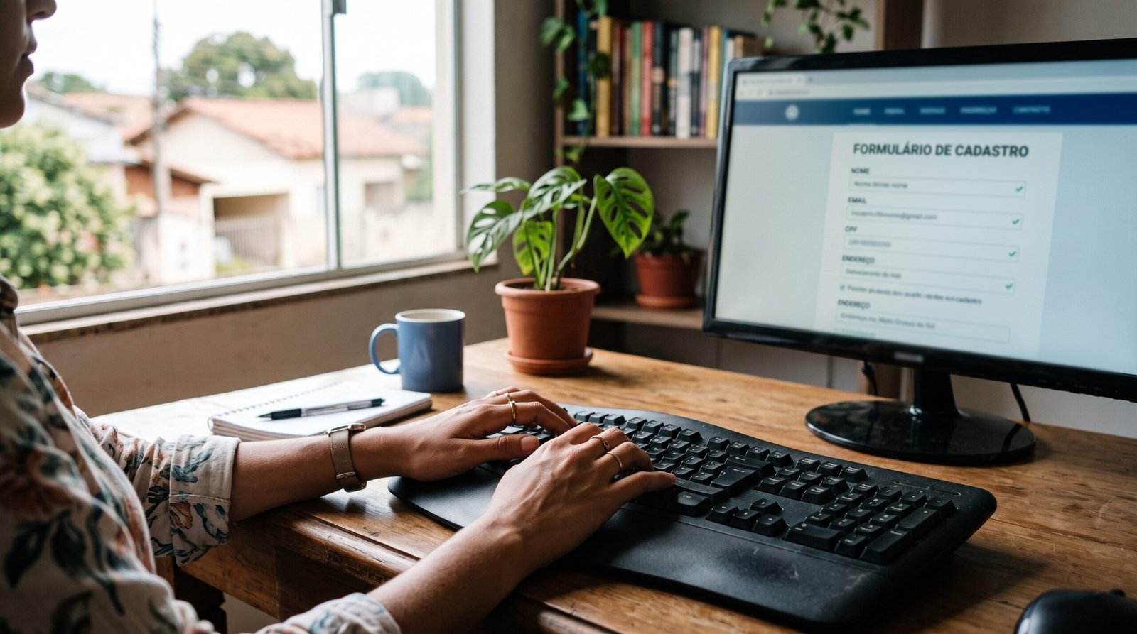 Maos digitando em teclado de computador diante de tela com formulario de cadastro
