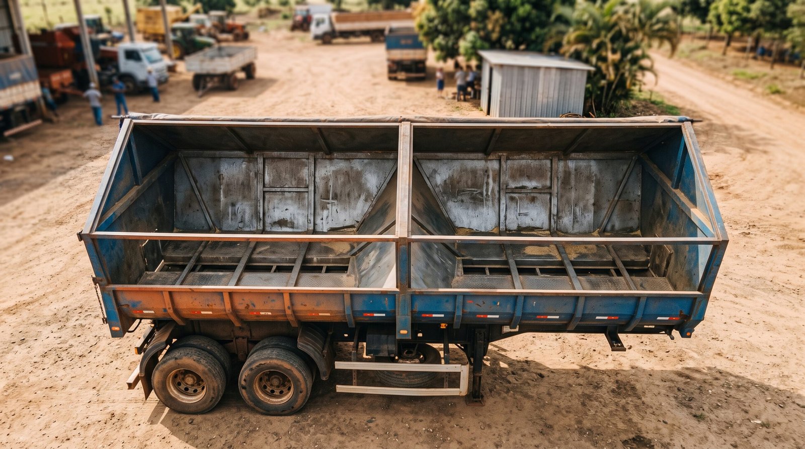 Carreta graneleira vazia vista de cima mostrando o compartimento de carga aberto em patio rural