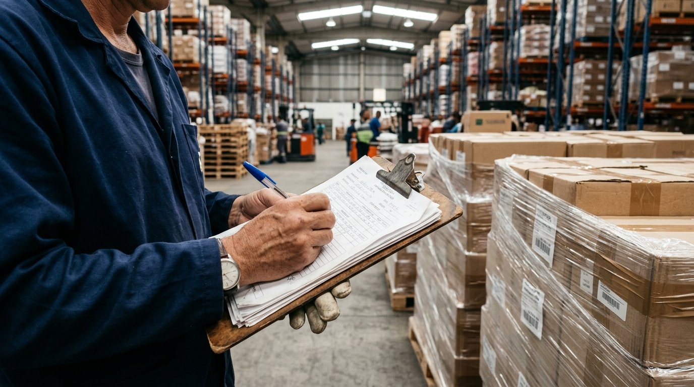 Fiscal com prancheta ao lado de paletes de mercadorias lacradas em deposito alfandegario