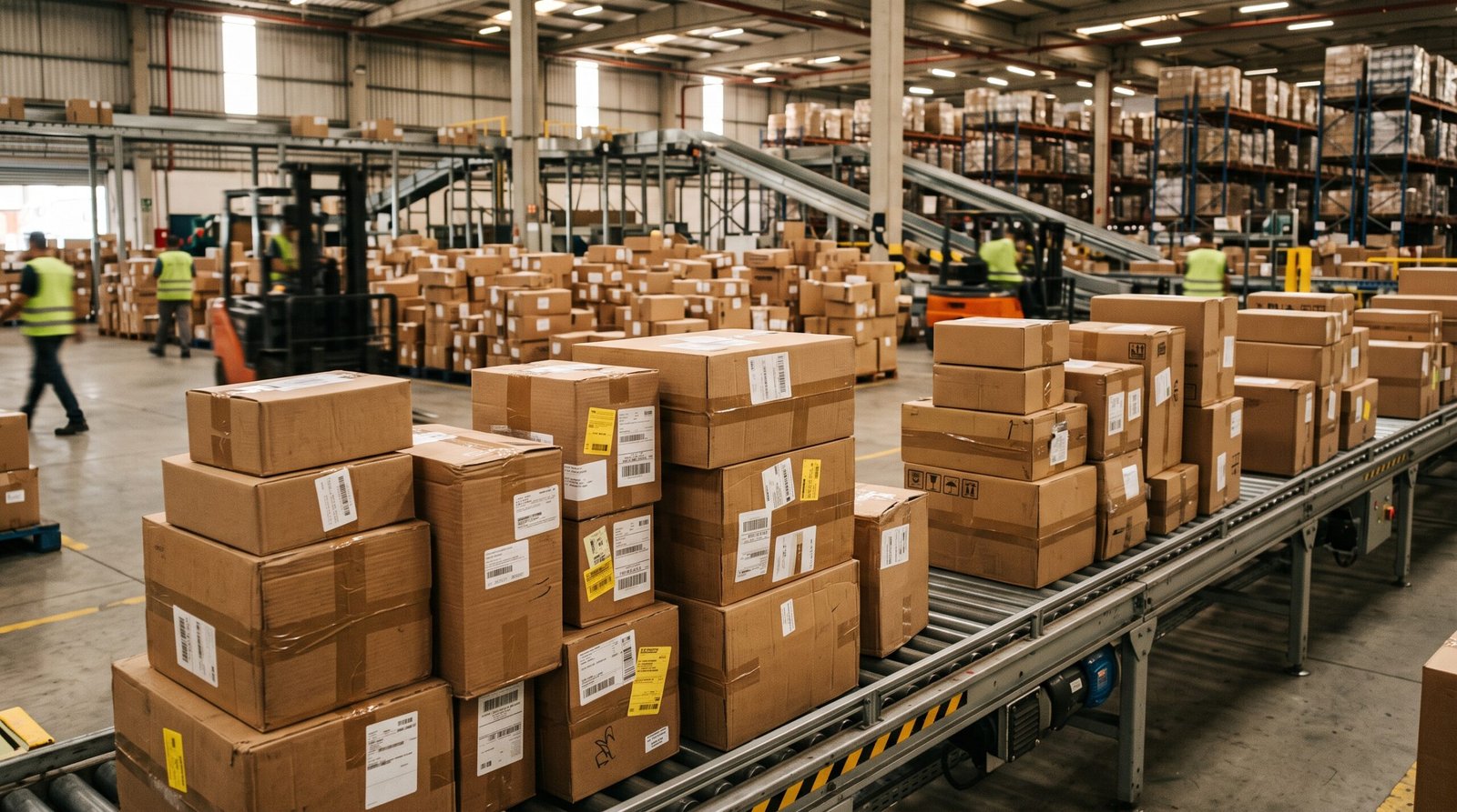 Caixas de encomenda lacradas empilhadas em esteira de carga dentro de galpao logistico