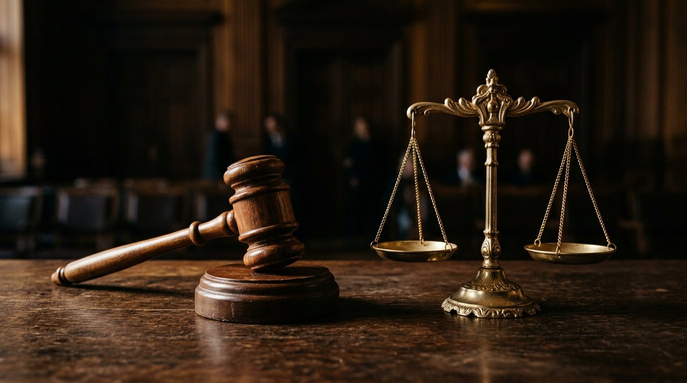 Martelo de leiloeiro ao lado de balanca de justica dourada sobre mesa de madeira