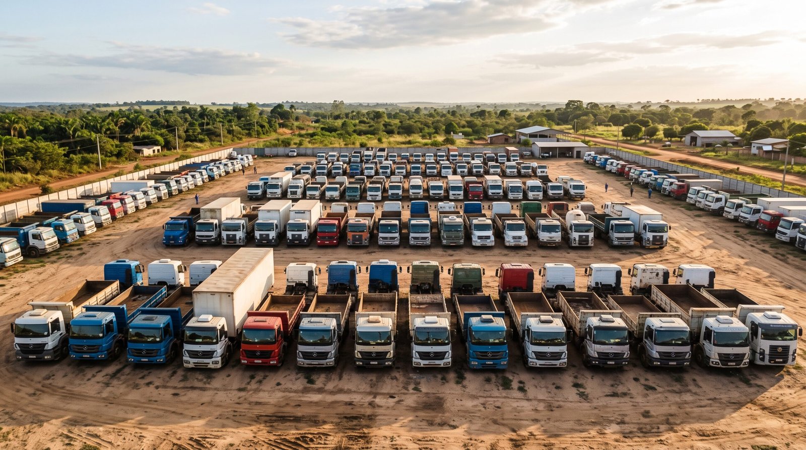 Patio de leilao com dezenas de caminhoes de diferentes tipos estacionados em vista panoramica