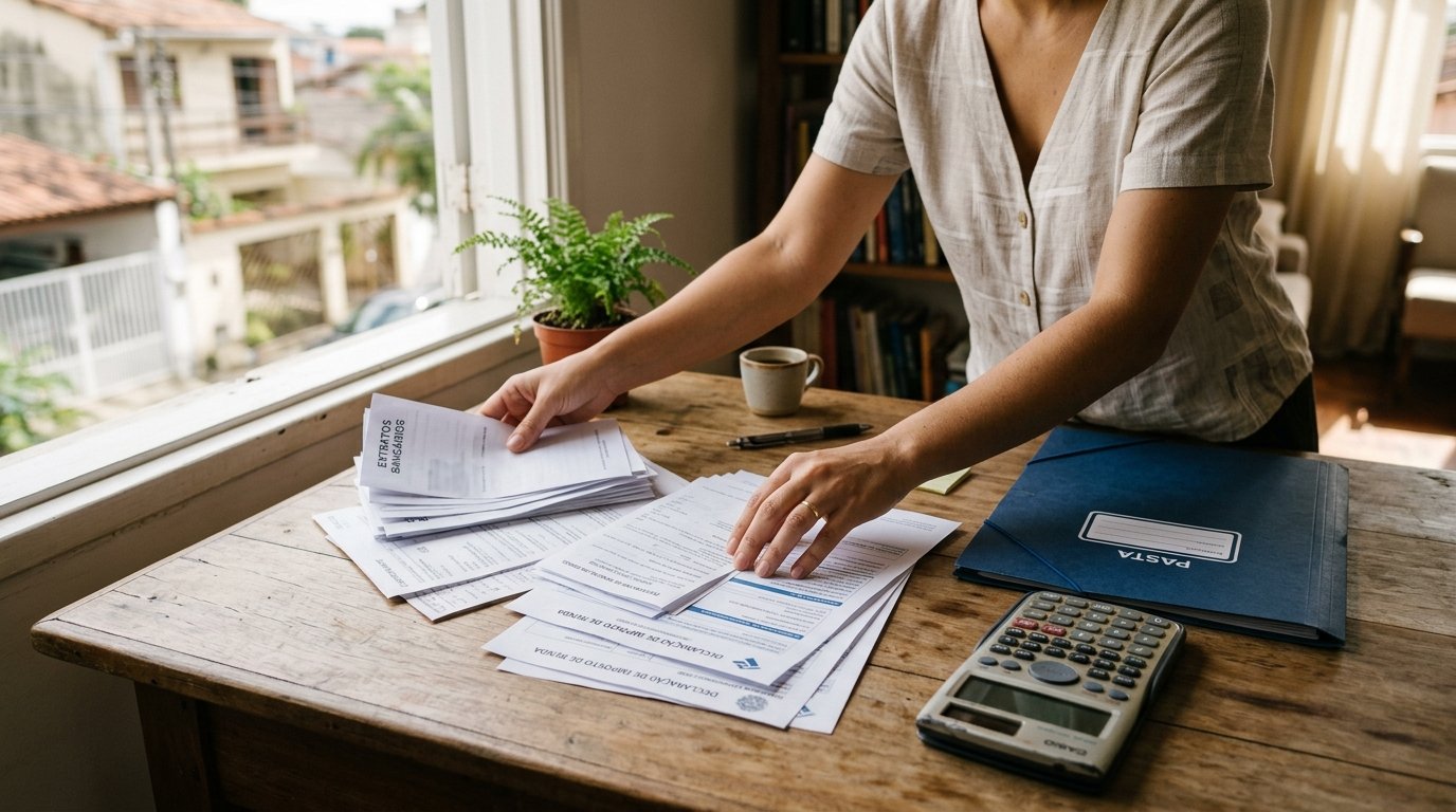 Mesa com extratos bancarios e declaracao de imposto de renda organizados ao lado de pasta e calculadora