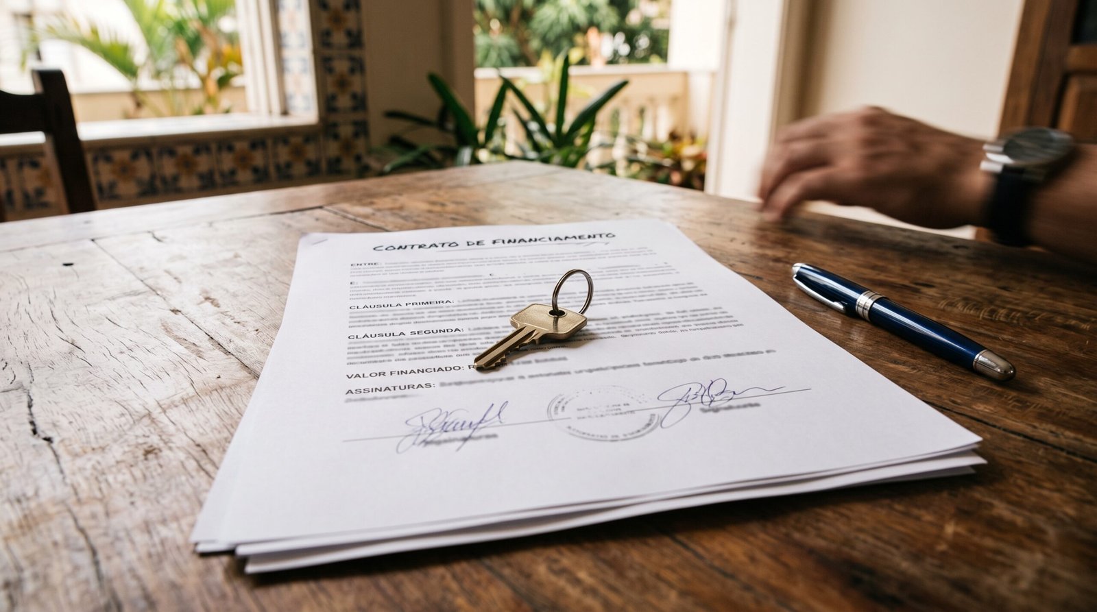 Chave sobre contrato de financiamento imobiliario em mesa de madeira com caneta ao lado