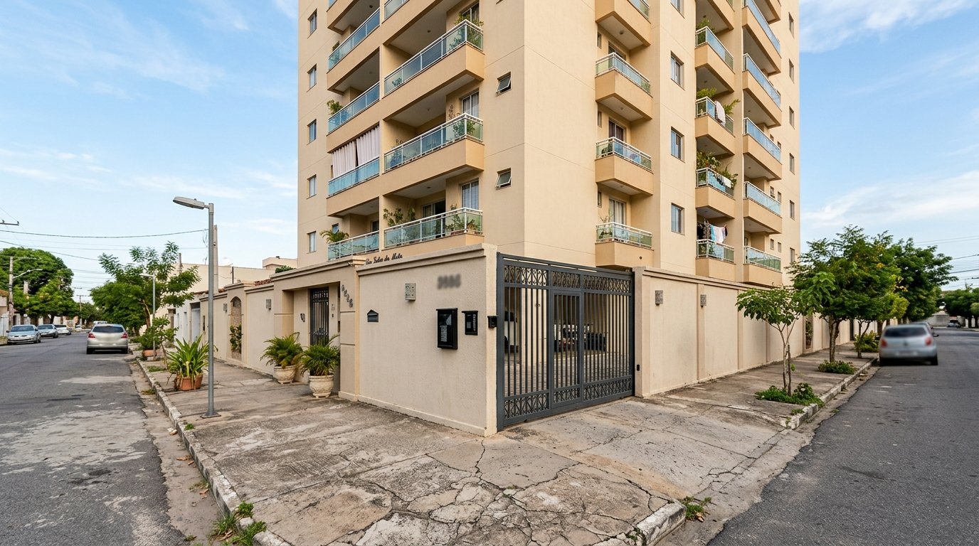 Fachada de predio residencial de classe media em dia claro vista da calcada