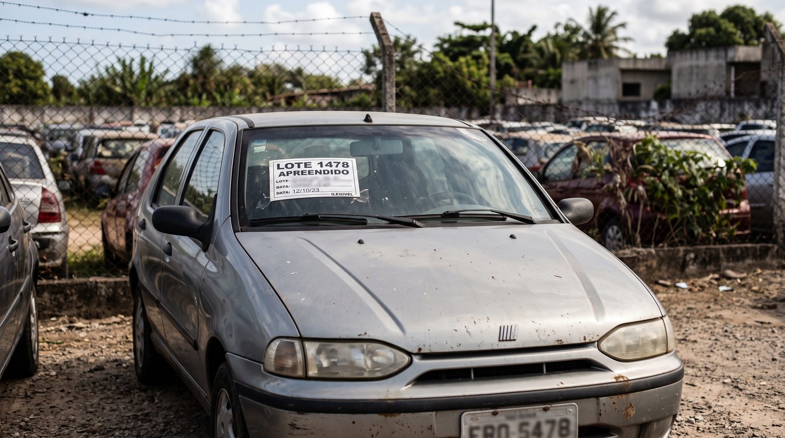 Carro com adesivo de identificacao no para-brisa estacionado em patio de apreensao do Detran