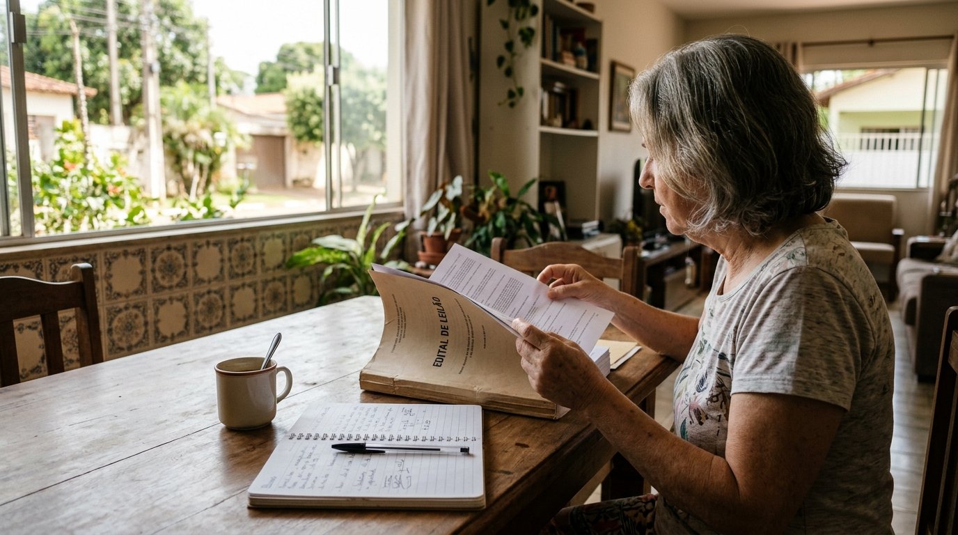 Pessoa folheando edital de leilao impresso com caderno de anotacoes e cafe sobre a mesa