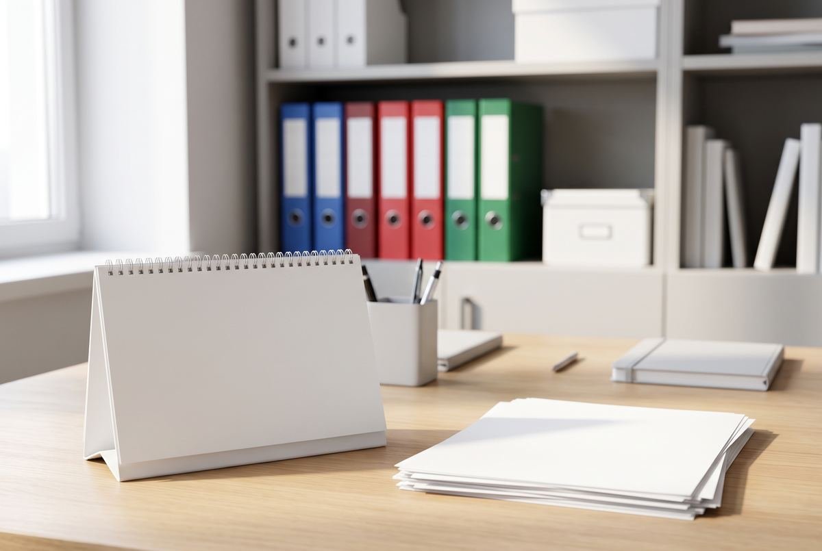 Mesa de escritório com calendário de mesa, folhas e pastas organizadas