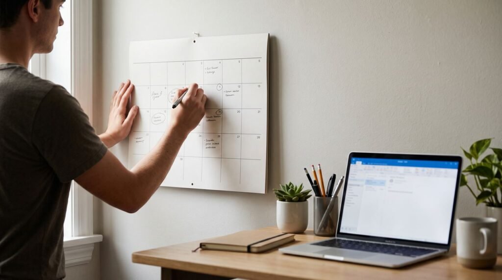 Pessoa marcando datas em um calendário de parede ao lado de um notebook