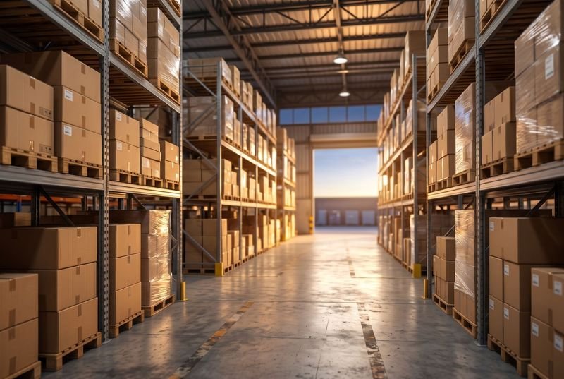 Galpão com caixas lacradas em paletes e prateleiras industriais