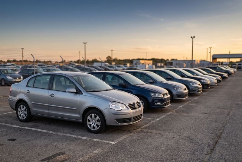 Pátio de leilão com carros populares estacionados em fila ao entardecer