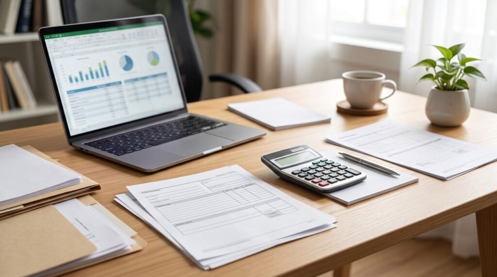 Mesa de trabalho com calculadora, formulários e notebook