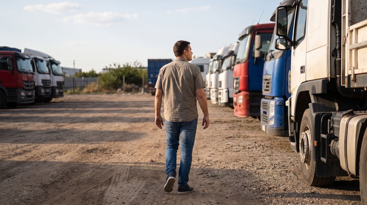Mercado de caminhões usados: homem caminhando entre caminhões usados estacionados em um pátio