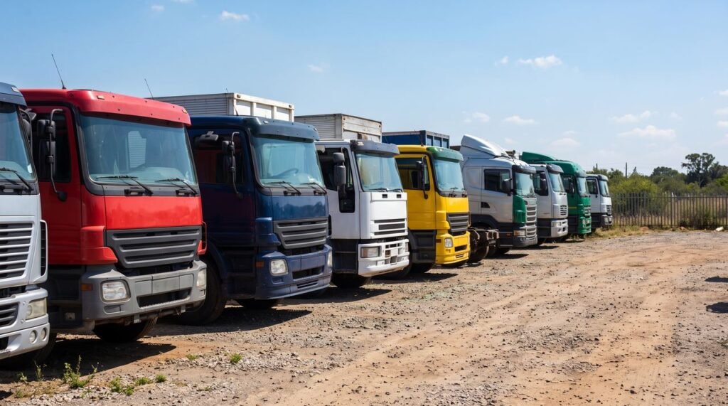 Fileira de caminhões usados estacionados em um pátio aberto