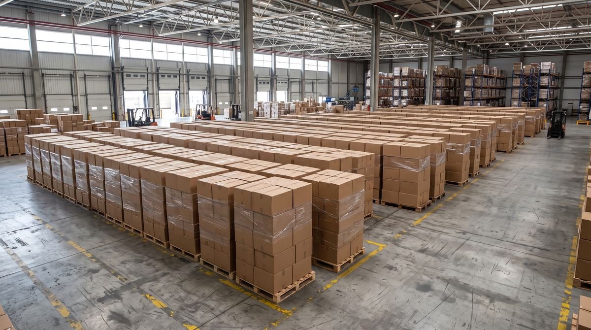 Grande lote de caixas idênticas empilhadas em paletes em um galpão