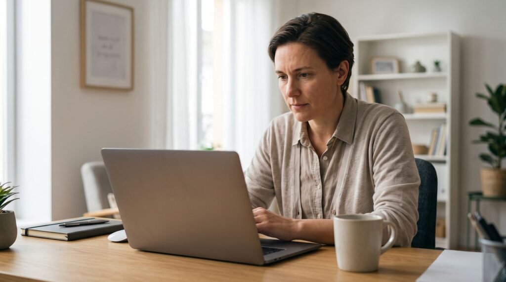 Pessoa analisando lotes em um notebook no escritório de casa