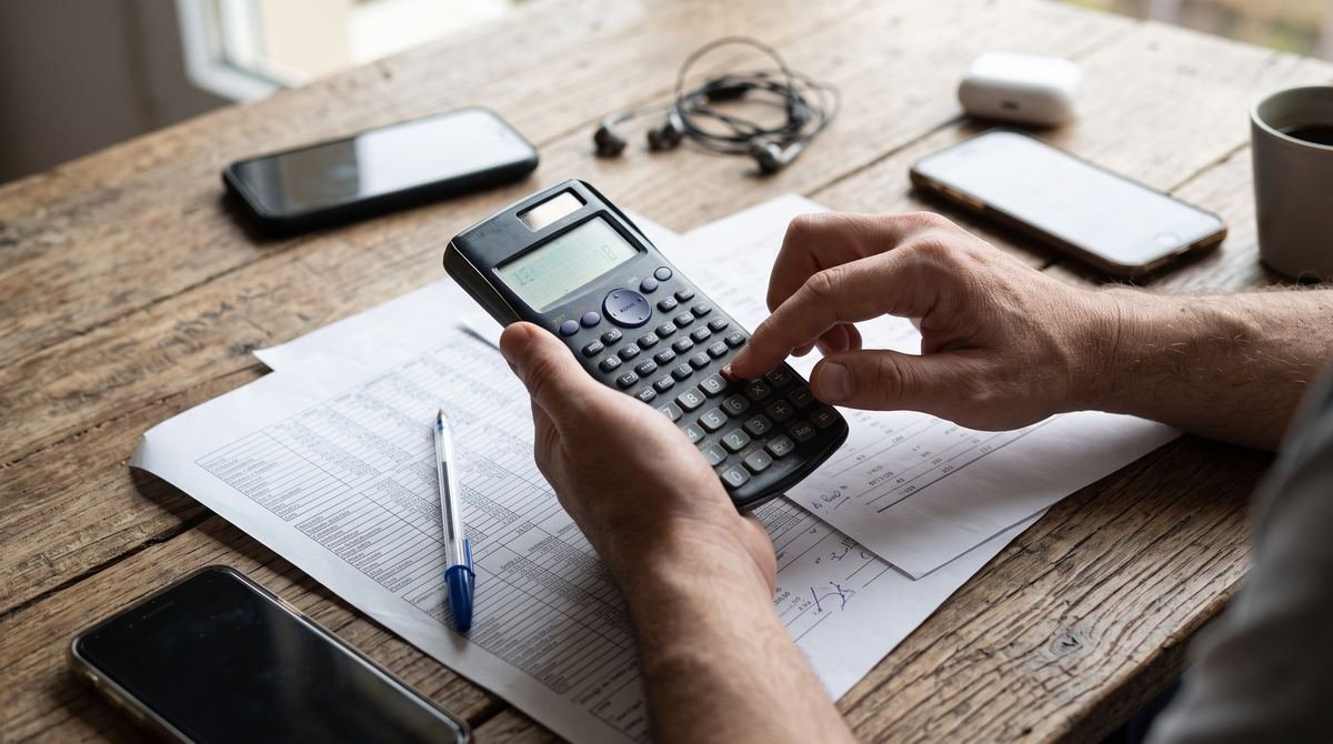 Revender produtos do leilão da Receita Federal: mãos usando uma calculadora ao lado de uma planilha e celulares
