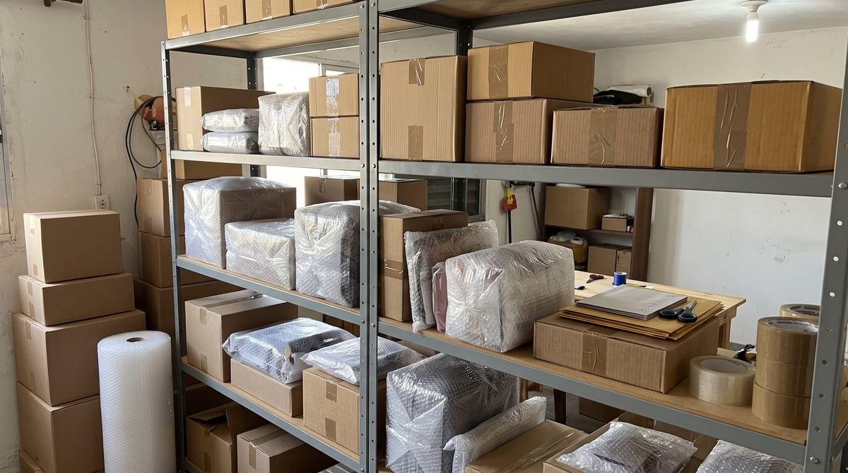 Prateleira de estoque com produtos embalados para envio