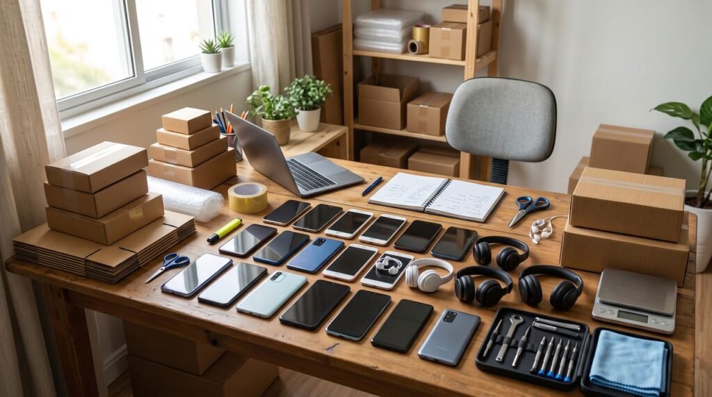 Bancada com smartphones e fones de ouvido usados organizados para revenda